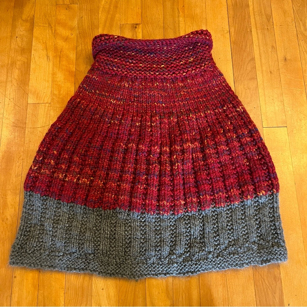Handcrafted Deep Red and Grey Knit Button Open Front Cape - S/M - Picture 5 of 5